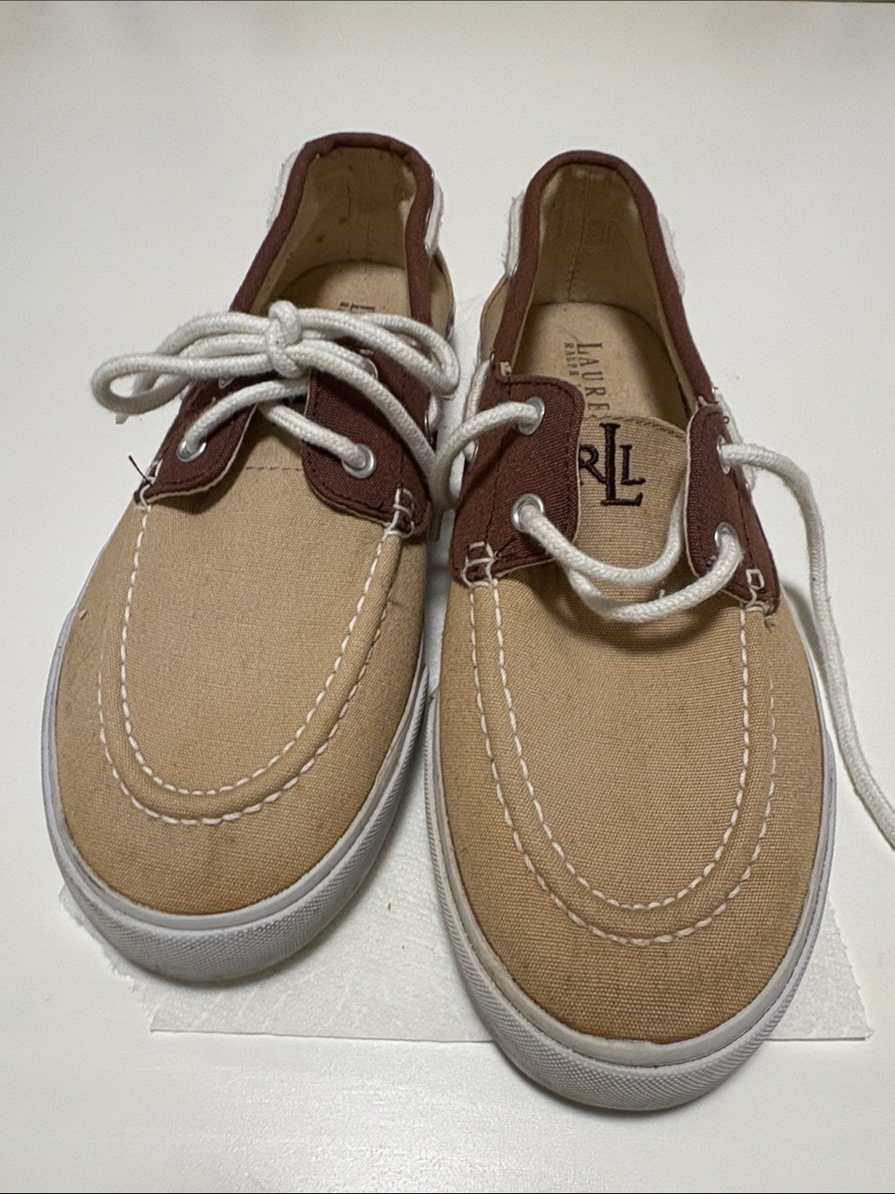 Casual Canvas Lauren Ralph Lauren Boat Shoes in Tan and Brown with White Laces